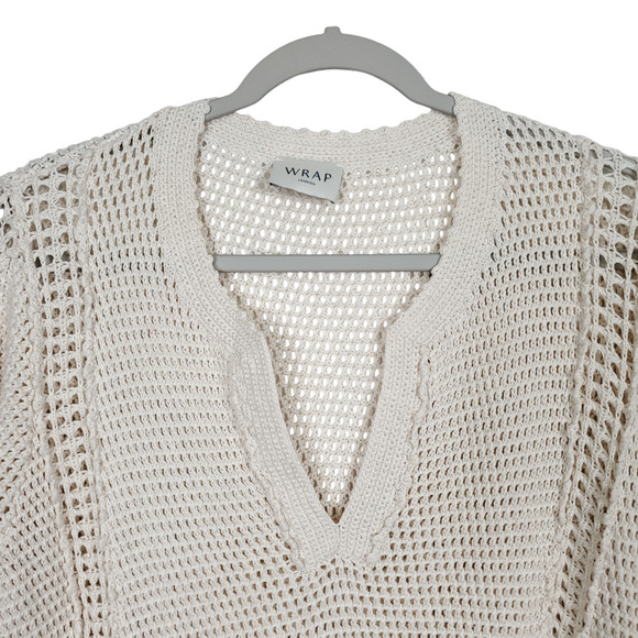 WRAP London Cream V-Neck Open Knit Short Sleeve Sweater Top Basic Cotton US 14 - Picture 5 of 11